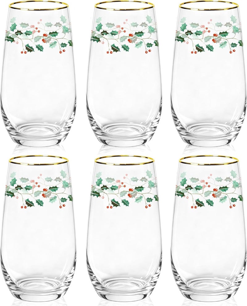 Icesip Christmas Drinking Glasses Set of 6, 18 oz Gold Rimmed Holly Holiday Christmas Glasses Drinkware Glassware Crystal Tall Highball Glasses Drinking Set for Holiday Season Winter Dinnerware - Image 1