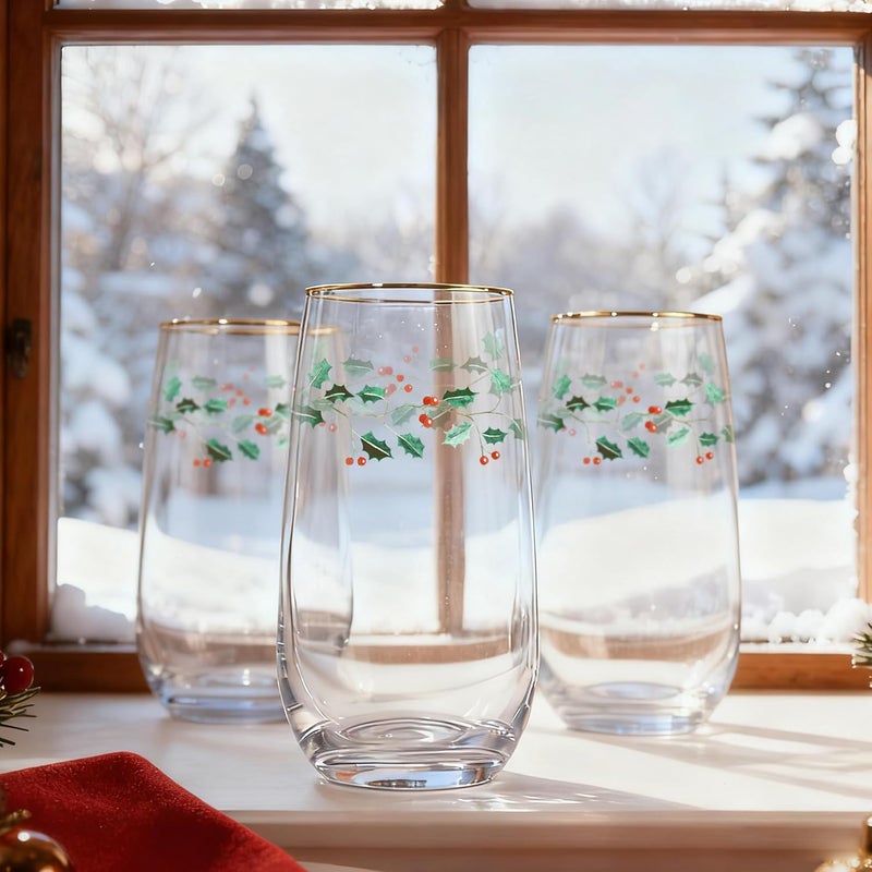 Icesip Christmas Drinking Glasses Set of 6, 18 oz Gold Rimmed Holly Holiday Christmas Glasses Drinkware Glassware Crystal Tall Highball Glasses Drinking Set for Holiday Season Winter Dinnerware - Image 5