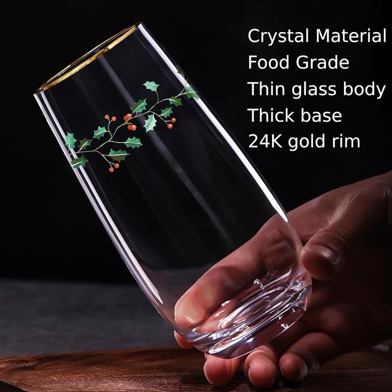 Icesip Christmas Drinking Glasses Set of 6, 18 oz Gold Rimmed Holly Holiday Christmas Glasses Drinkware Glassware Crystal Tall Highball Glasses Drinking Set for Holiday Season Winter Dinnerware - Image 3