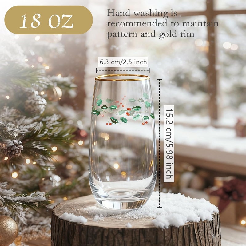 Icesip Christmas Drinking Glasses Set of 6, 18 oz Gold Rimmed Holly Holiday Christmas Glasses Drinkware Glassware Crystal Tall Highball Glasses Drinking Set for Holiday Season Winter Dinnerware - Image 4