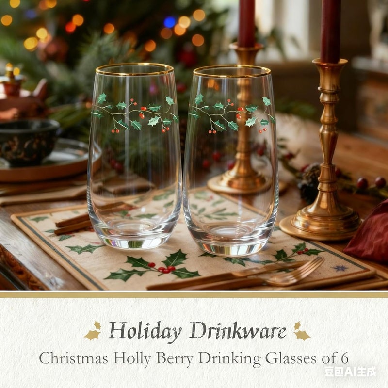 Icesip Christmas Drinking Glasses Set of 6, 18 oz Gold Rimmed Holly Holiday Christmas Glasses Drinkware Glassware Crystal Tall Highball Glasses Drinking Set for Holiday Season Winter Dinnerware - Image 2