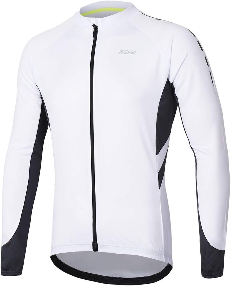 ARSUXEO Men's Full Zipper Long Sleeves Cycling Jersey - White, Size M - Image 1