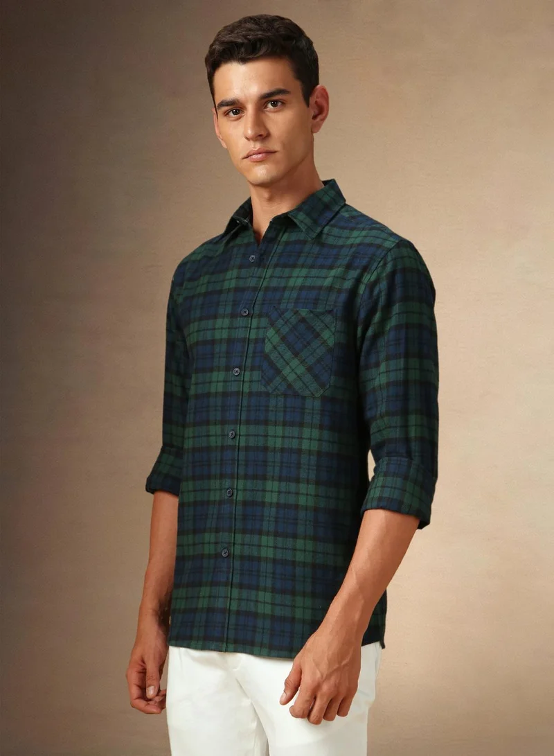 Dennis Lingo Men's Teal Blue 100% Cotton Checkered Shirt