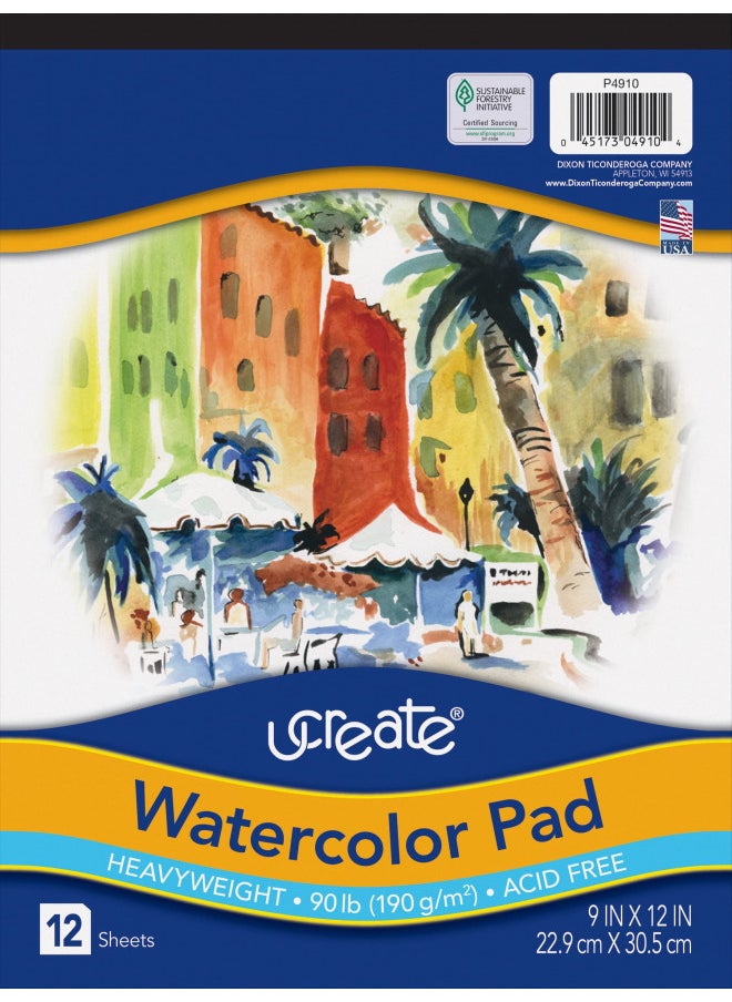 Pacon Watercolor Pad, 90 lb., 9" x 12", 12 Sheets, White  - Image 1