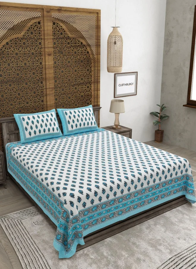 CLOTHOLOGY CLOTHOLOGY White Floral Cotton Skin-Friendly 180 TC King Bedsheet with 2 Pillow Covers - 275 x 225 cm
