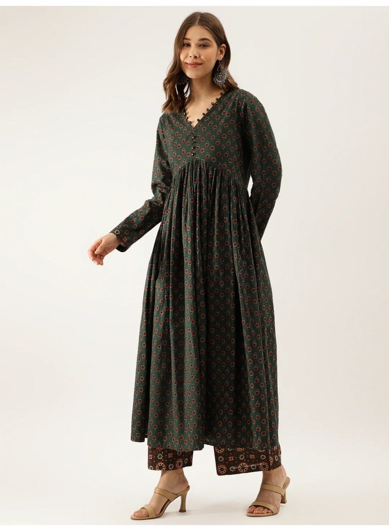 Divena Women's Hand Block Print Pure Cotton Flared Kurta Set with Pants and Dupatta - Image 3