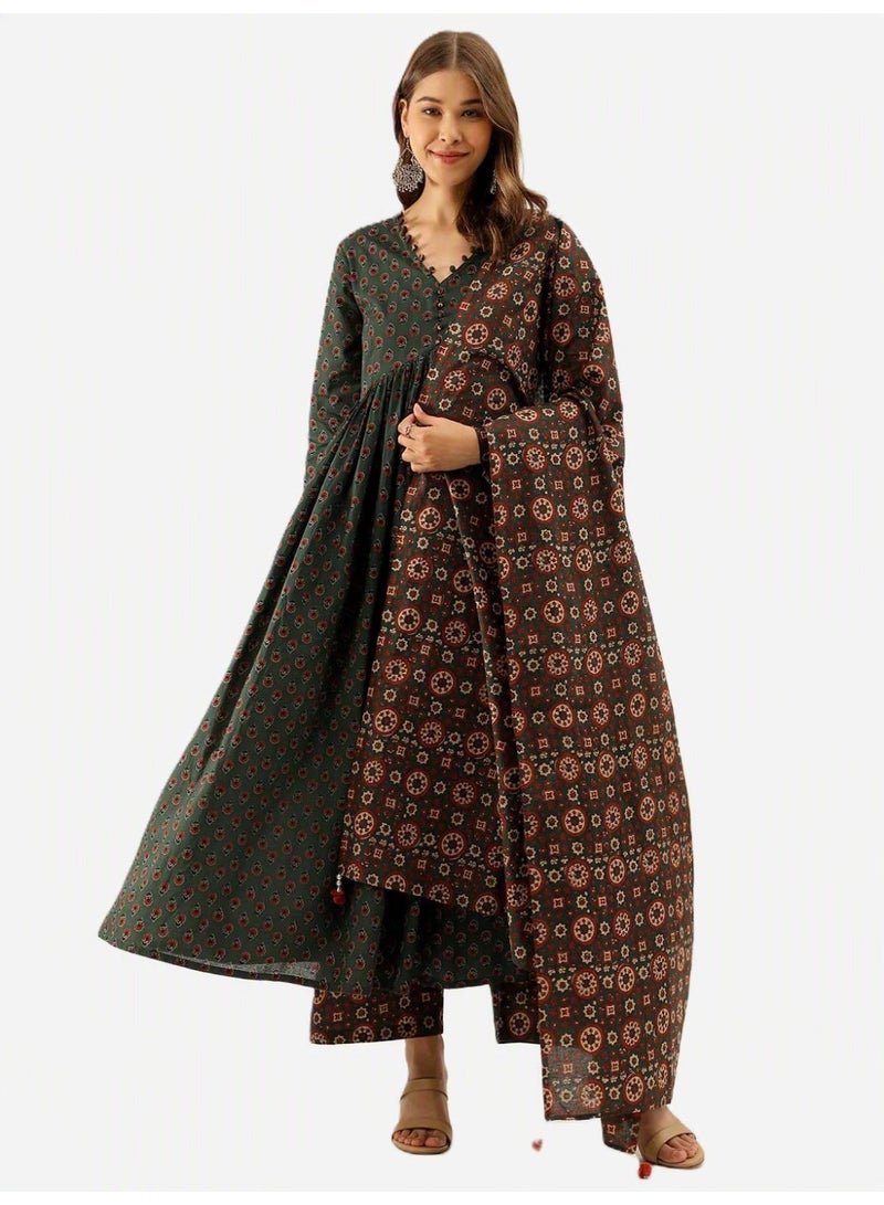 Divena Women's Hand Block Print Pure Cotton Flared Kurta Set with Pants and Dupatta - Image 1