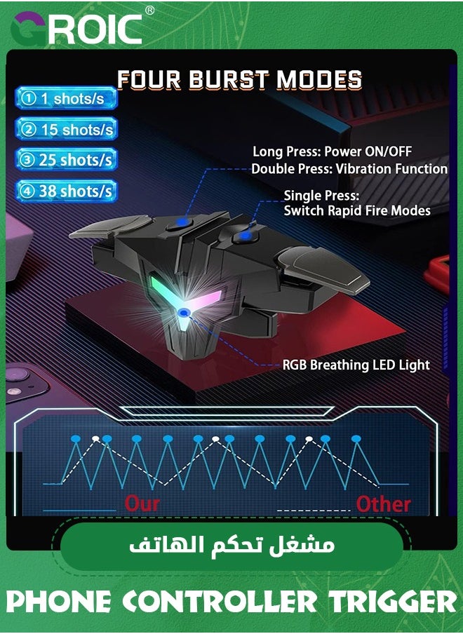 GROIC - مشغلات ألعاب الهاتف المحمول لهواتف iPhone/Android، عصا التحكم الحساسة لألعاب إطلاق النار ومشغل إطلاق النار لـ PUBG، COD، Fortnte، مع ضوء RGB ووظيفة اهتزاز التصوير، زمن انتقال صفر، 4 أوضاع انفجارية - Image 1