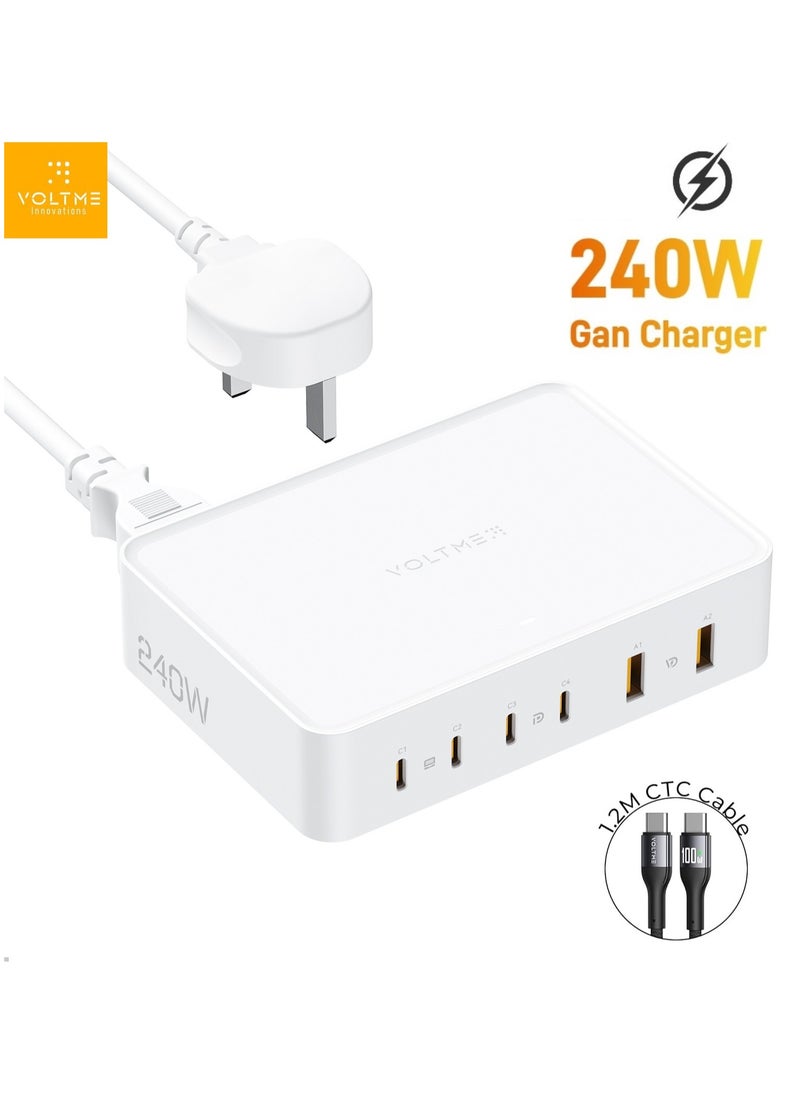 VOLTME - 240W 6-Port USB-C Charger GaN PD140W Fast Charging Station Hub with 1.5 Meter AC Cable, USB-C & USB-A Wall Plug Power Adapter for MacBook Pro/Air, Dell, Steam Deck, iPhone 16/15/14/13, Samsung Galaxy S24/S23, Pixel, Android Devices, Type-C Laptops, Tablets, and More – Multiport Fast Charging (White) - Image 1