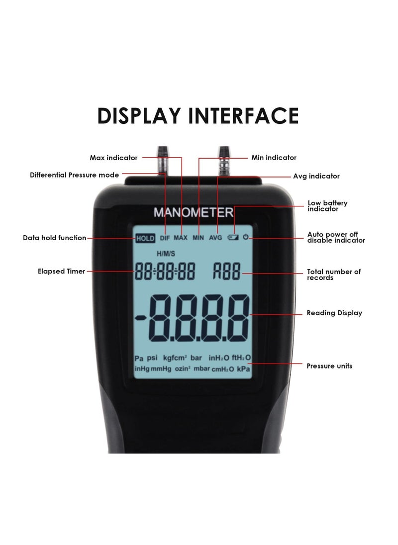 SYOSI - Digital Manometer Gas Pressure Tester, 12 Units Professional Manometer HVAC Air Pressure Testing Tool Pressure Meter HVAC Airflow Pressure Testing Tool with Large LCD Display Backlight for Home and RV - Image 1