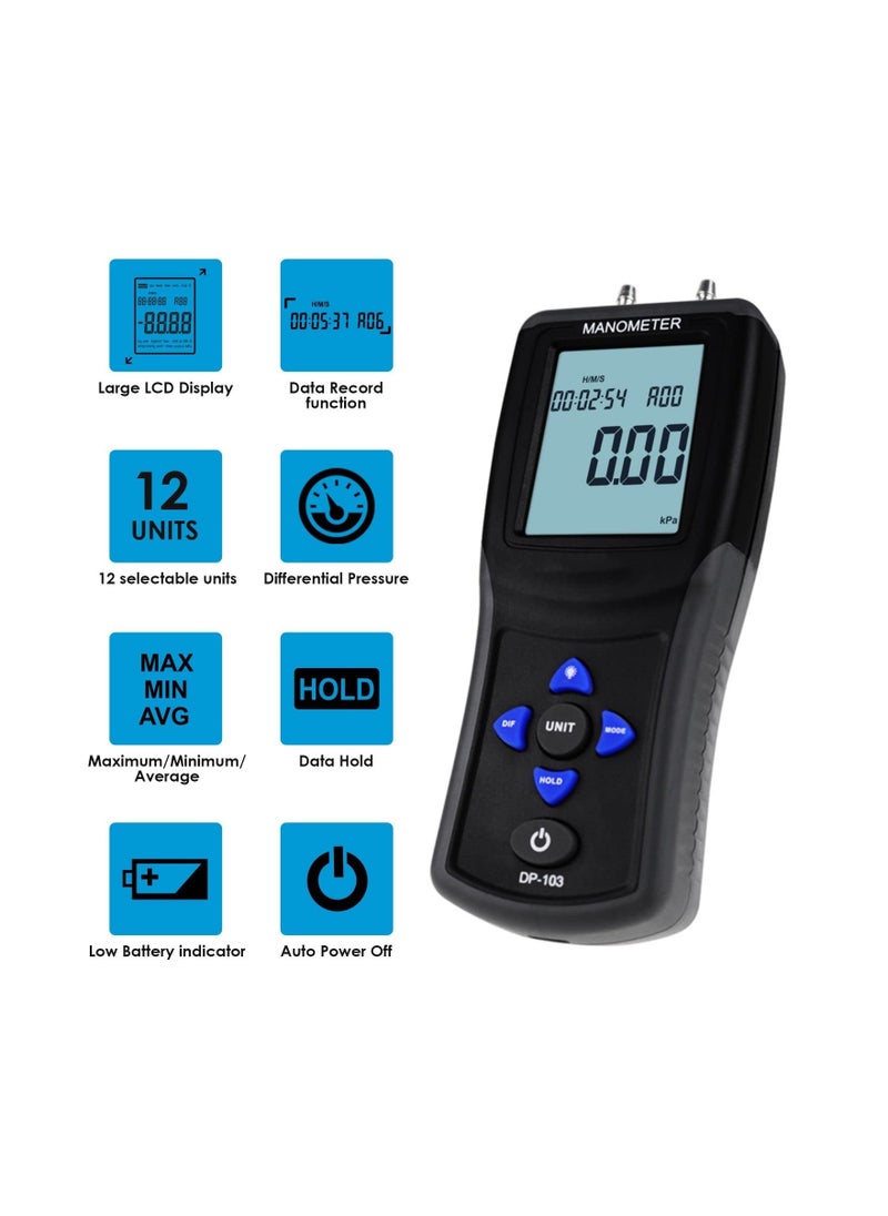 SYOSI - Digital Manometer Gas Pressure Tester, 12 Units Professional Manometer HVAC Air Pressure Testing Tool Pressure Meter HVAC Airflow Pressure Testing Tool with Large LCD Display Backlight for Home and RV - Image 1