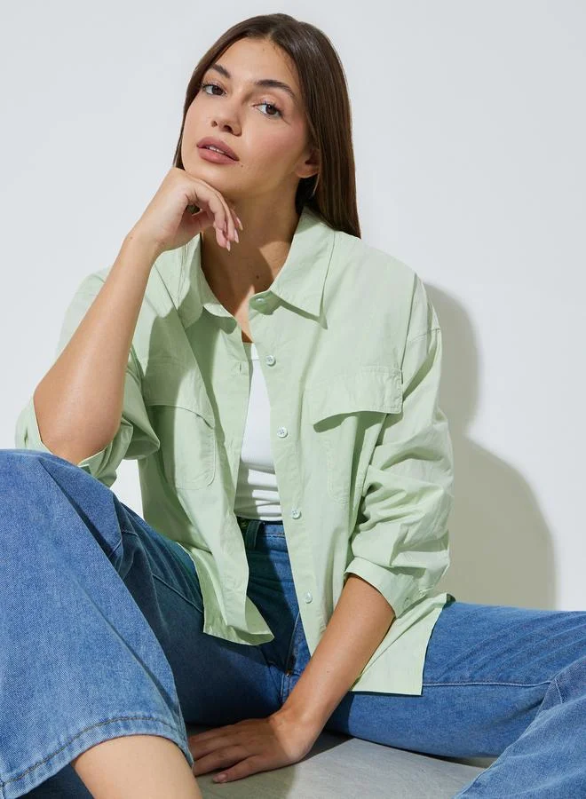 ستايلي Green Solid Long Sleeves Oversized Shirt with Pockets