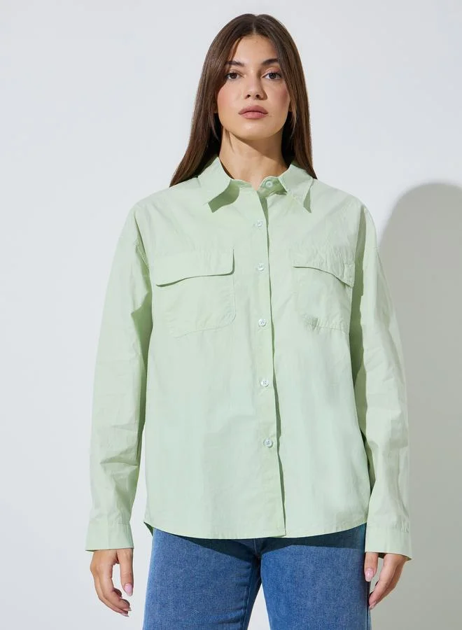 ستايلي Green Solid Long Sleeves Oversized Shirt with Pockets