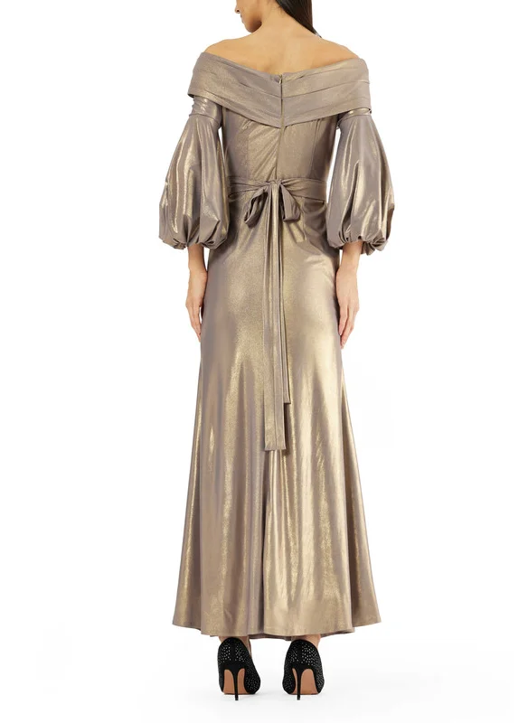 Amri Wide Pleated Wrap Dress with Long Statement Puff Sleeves and Tie-up Belt