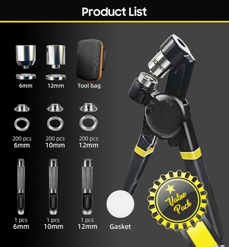 HAPDEN Grommet Tool Kit 1/2 1/4 3/8 Multi-Size Hole Punch, 608 Pcs Heavy Duty Grommets Tool Kit, Eyelets and Grommets for Tarps, Fabric Rings, Leather, Tents, Vinyl, Canvas and so on - Image 2