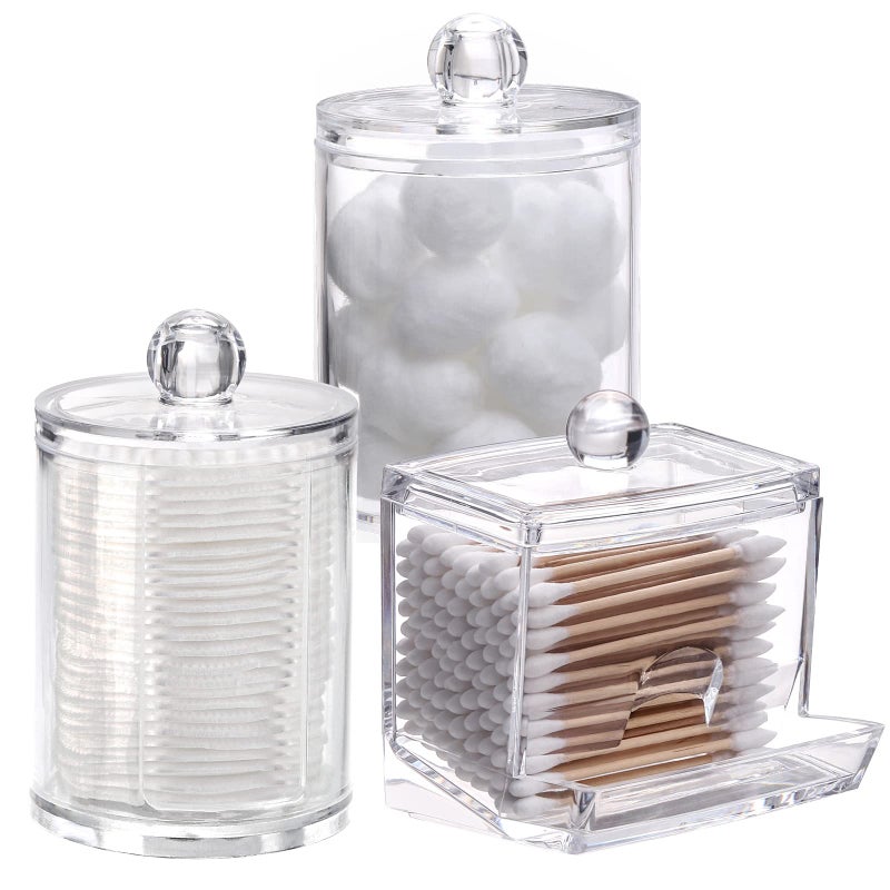 Tbestmax Bathroom Organizer Accessories Set-10 OZ,7 OZ Qtips Holder Storage with Clear Plastic Lids, Cotton Ball/Swabs Dispenser, Apothecary Container Jar 3 Pcs - Image 1