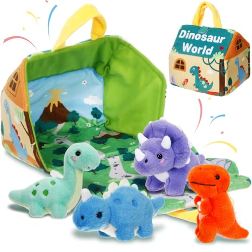 LaRandom 5 Pcs Dinosaur Plush Toys Set with Carry House 4 Small Stuffed Dinosaurs and Playmat Bag for Dino Birthday Party Favors Goodie Bag Fillers Stocking Stuffers Classroom Prize Gifts - Image 1