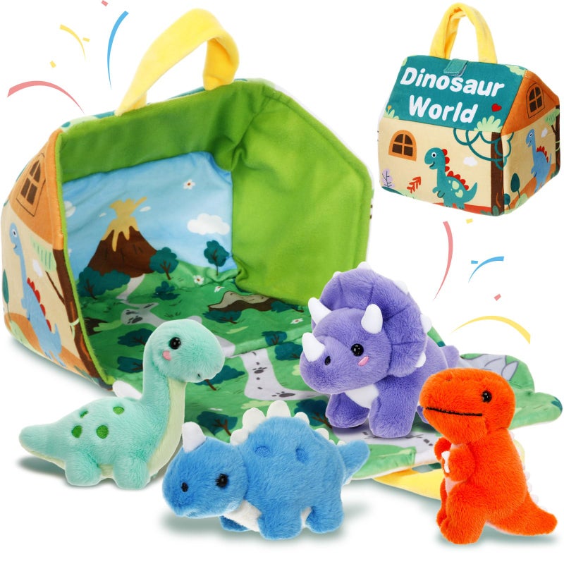 LaRandom 5 Pcs Dinosaur Plush Toys Set with Carry House 4 Small Stuffed Dinosaurs and Playmat Bag for Dino Birthday Party Favors Goodie Bag Fillers Stocking Stuffers Classroom Prize Gifts - Image 3