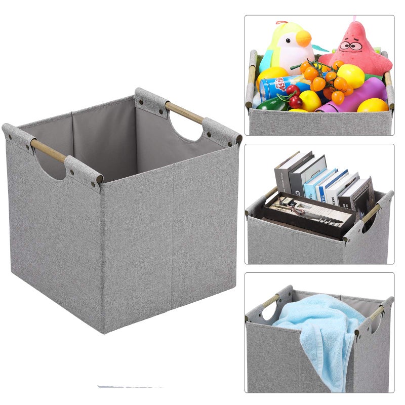 HOONEX Collapsible Storage Bins, 13x13x13in Storage Cubes Linen Fabric, 3 Pack, Storage Baskets with Wooden Carry Handles and Sturdy Heavy Cardboard, for Home, Office, Car, Nursery, Light Grey - Image 4