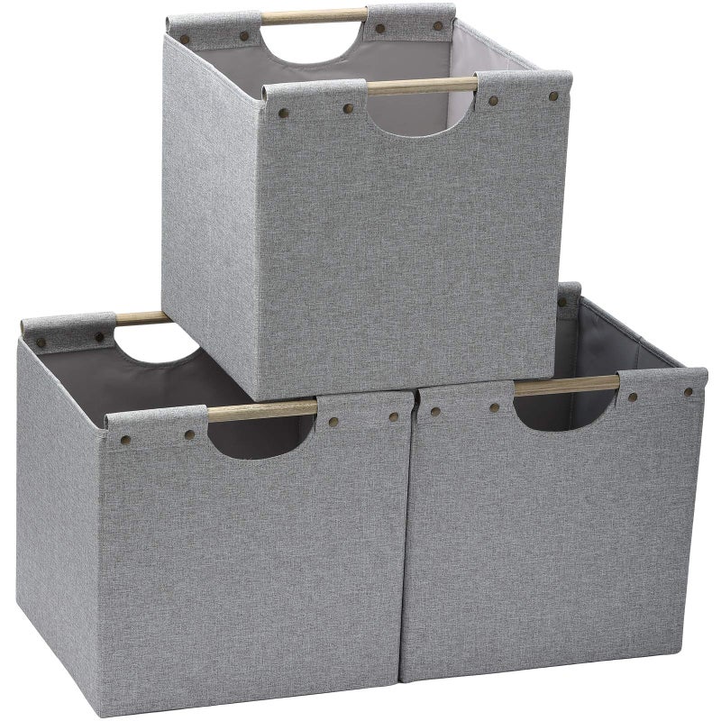 HOONEX Collapsible Storage Bins, 13x13x13in Storage Cubes Linen Fabric, 3 Pack, Storage Baskets with Wooden Carry Handles and Sturdy Heavy Cardboard, for Home, Office, Car, Nursery, Light Grey - Image 1