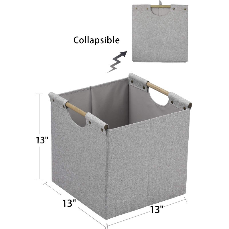 HOONEX Collapsible Storage Bins, 13x13x13in Storage Cubes Linen Fabric, 3 Pack, Storage Baskets with Wooden Carry Handles and Sturdy Heavy Cardboard, for Home, Office, Car, Nursery, Light Grey - Image 3