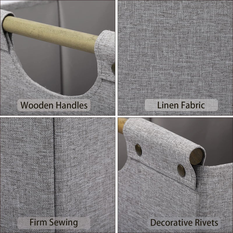 HOONEX Collapsible Storage Bins, 13x13x13in Storage Cubes Linen Fabric, 3 Pack, Storage Baskets with Wooden Carry Handles and Sturdy Heavy Cardboard, for Home, Office, Car, Nursery, Light Grey - Image 5