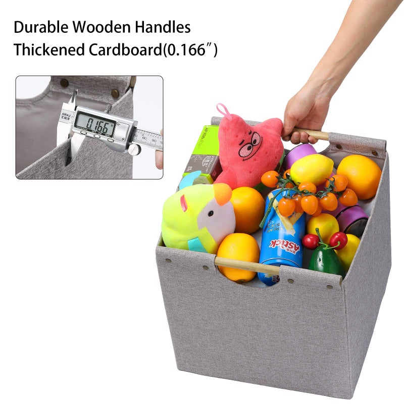 HOONEX Collapsible Storage Bins, 13x13x13in Storage Cubes Linen Fabric, 3 Pack, Storage Baskets with Wooden Carry Handles and Sturdy Heavy Cardboard, for Home, Office, Car, Nursery, Light Grey - Image 2