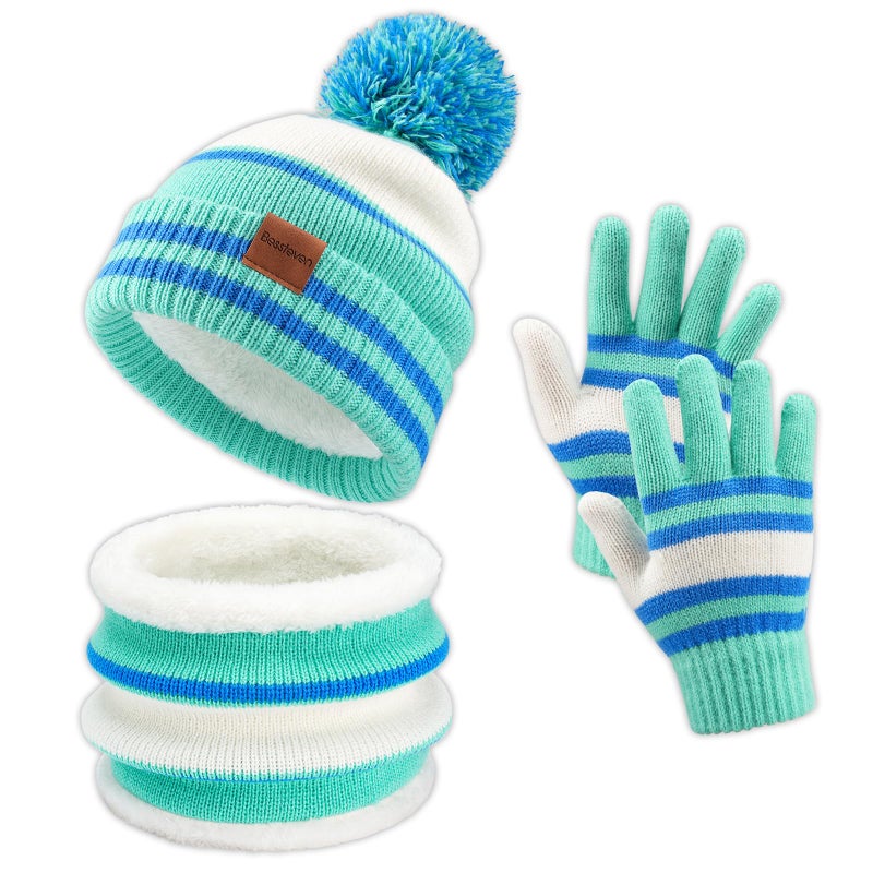 Bessteven Kids Winter Hat Gloves Scarf Set: Child Beanie Neck Warmer Glove with Thick Warm Fleece Lining for 6-10 Years Old Girls Boys Children Cold Weather School Commute - Teal - Image 1