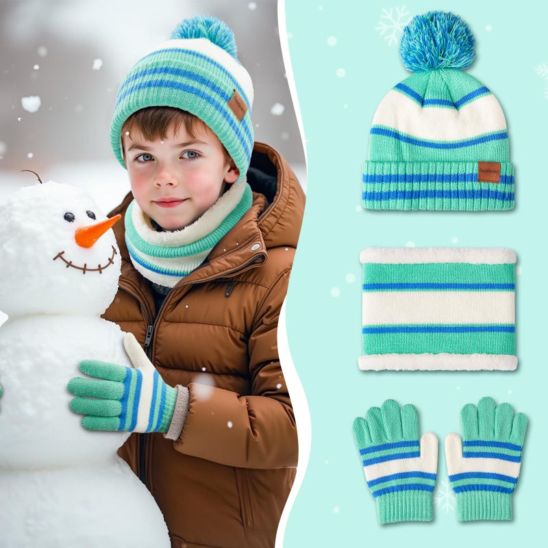 Bessteven Kids Winter Hat Gloves Scarf Set: Child Beanie Neck Warmer Glove with Thick Warm Fleece Lining for 6-10 Years Old Girls Boys Children Cold Weather School Commute - Teal - Image 2