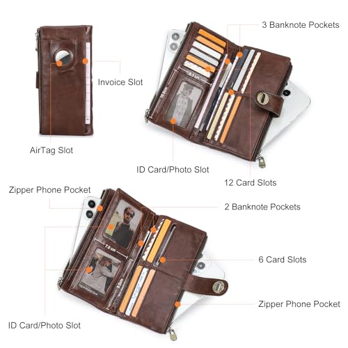 CONTACTS Turnlock Wallet for Women Leather Airtag Zipper Phone Holder Rfid Bifold Clutch Purse with Photo Window (Brown) - Image 5