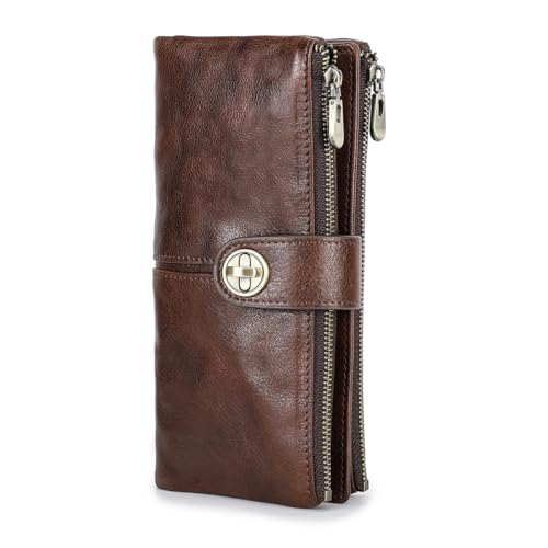 CONTACTS Turnlock Wallet for Women Leather Airtag Zipper Phone Holder Rfid Bifold Clutch Purse with Photo Window (Brown) - Image 1