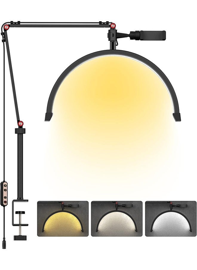 Arabest ضوء أرضي LED للرموش 20 واط مصباح نصف قمر لتمديد الرموش، إضاءة للجمال، العناية بالبشرة، الرموش، الحواجب، تصوير المحتوى، 3 ألوان سطوع قابلة للتعديل (أسود) - Image 1