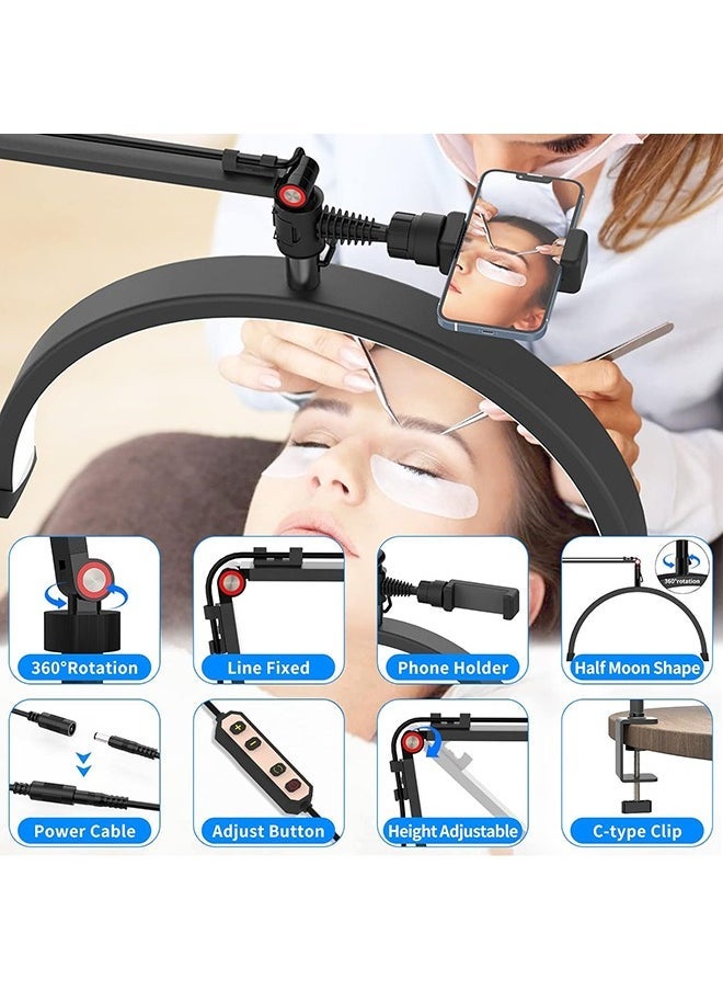 Arabest ضوء أرضي LED للرموش 20 واط مصباح نصف قمر لتمديد الرموش، إضاءة للجمال، العناية بالبشرة، الرموش، الحواجب، تصوير المحتوى، 3 ألوان سطوع قابلة للتعديل (أسود) - Image 2