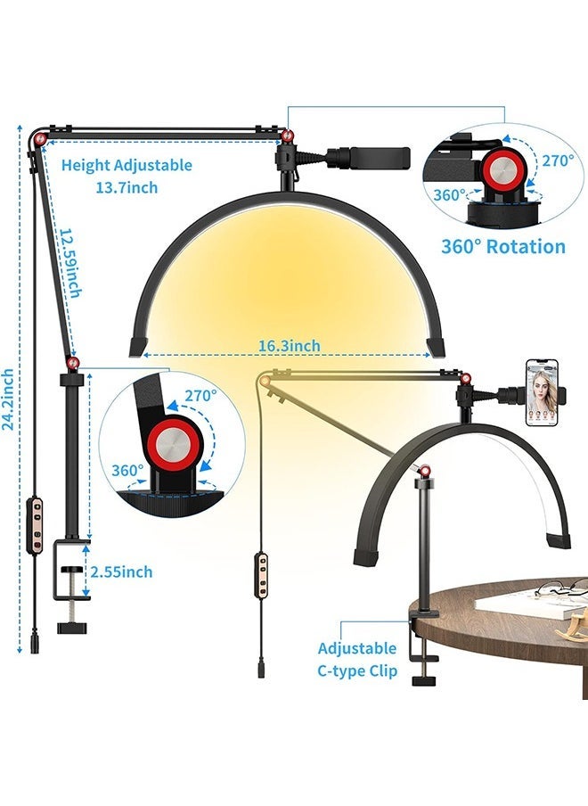 Arabest ضوء أرضي LED للرموش 20 واط مصباح نصف قمر لتمديد الرموش، إضاءة للجمال، العناية بالبشرة، الرموش، الحواجب، تصوير المحتوى، 3 ألوان سطوع قابلة للتعديل (أسود) - Image 4