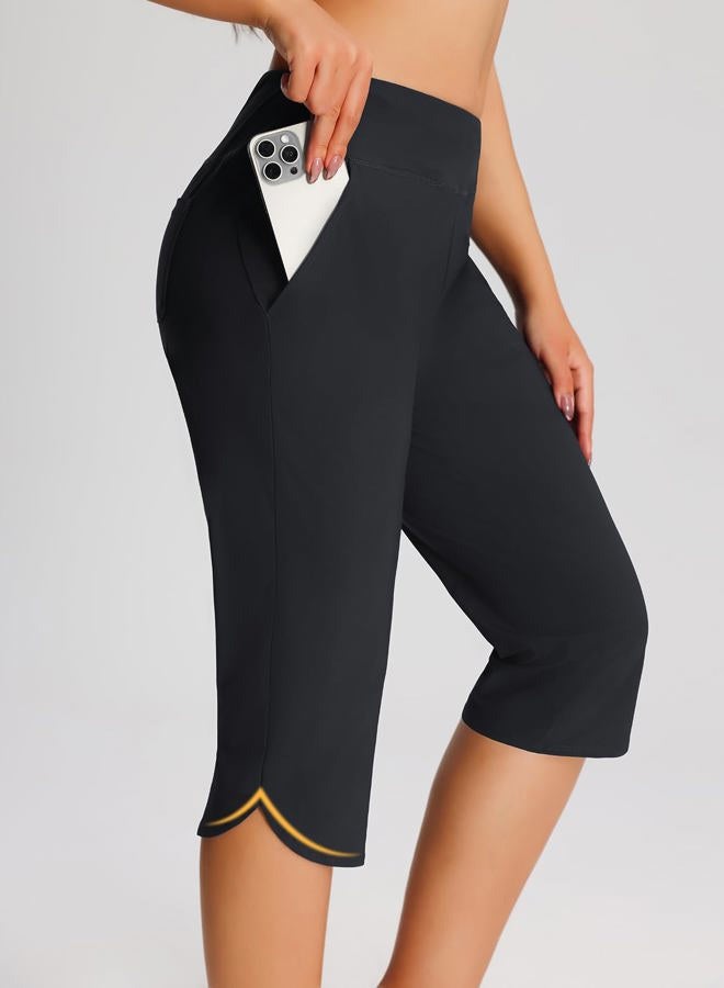 Emlovm Women's 18" Swim Capris Pants Modest Swimsuits for Ladies Long Swim Shorts with Pockets UPF50+ Lightweight, Black, M - Image 2