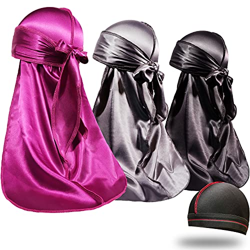 ForceWave 3 Pieces Silky Durags and 1 Wave Cap Pack for Men Waves, Moisture-Tech Fabric Satin Du-Rag - Image 1