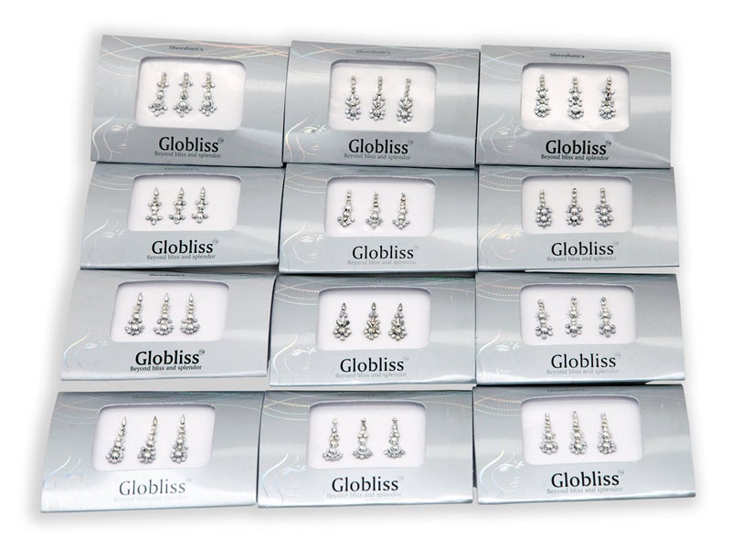 Globliss 6 Packs with 18 Long Indian Bindis face Gems Forehead Sticker Silver Golden Colorful - Image 4
