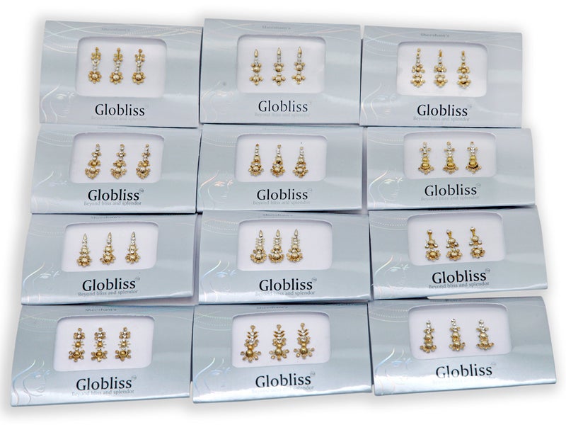 Globliss 6 Packs with 18 Long Indian Bindis face Gems Forehead Sticker Silver Golden Colorful - Image 5