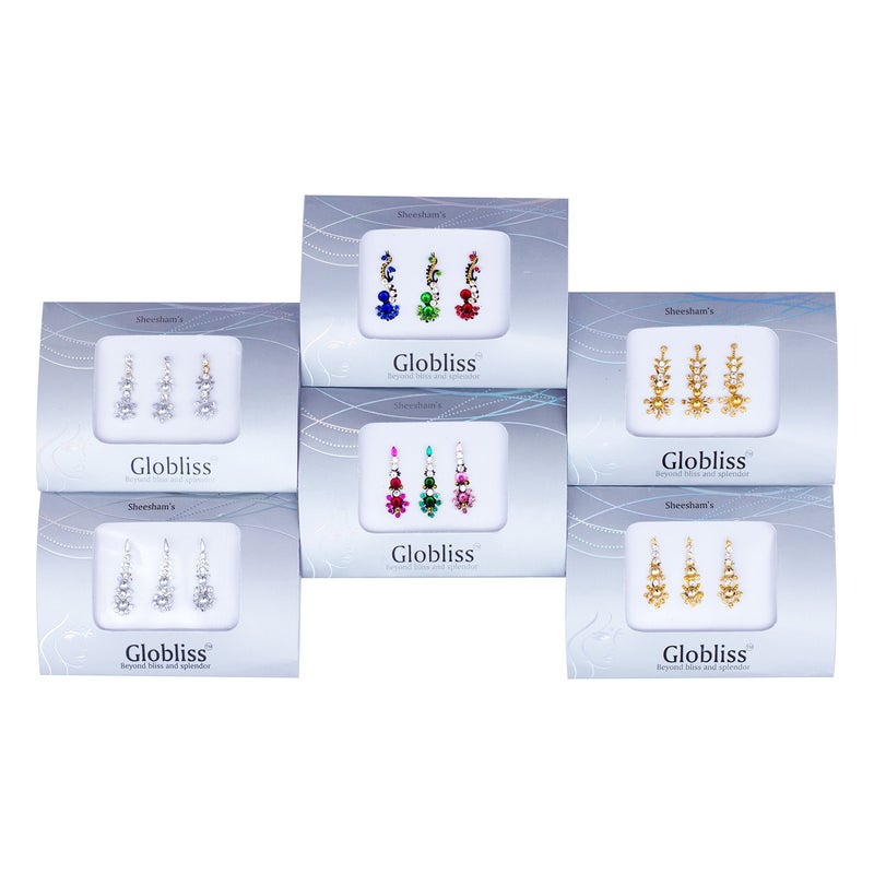 Globliss 6 Packs with 18 Long Indian Bindis face Gems Forehead Sticker Silver Golden Colorful - Image 2