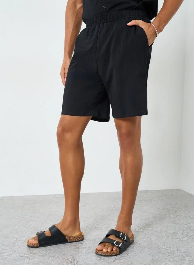 Take Two Black Men Solid Stand Collar Shirt and Shorts Co-Ords for Men | Best Price UAE