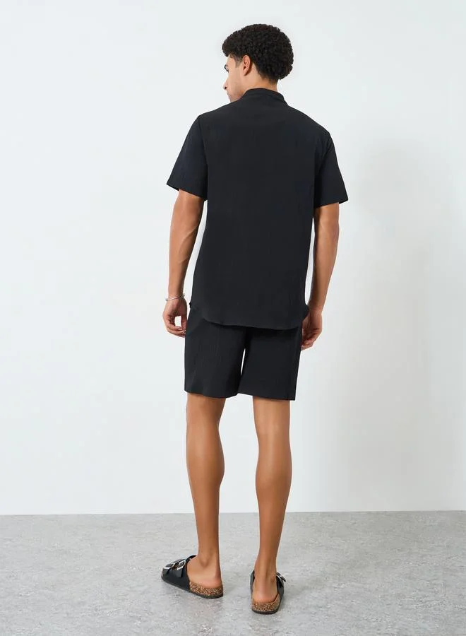 Take Two Black Men Solid Stand Collar Shirt and Shorts Co-Ords for Men | Best Price UAE