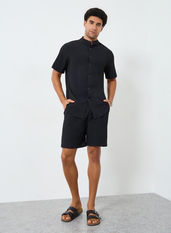Take Two Men Solid Stand Collar Shirt and Shorts Co-Ords - Image 1
