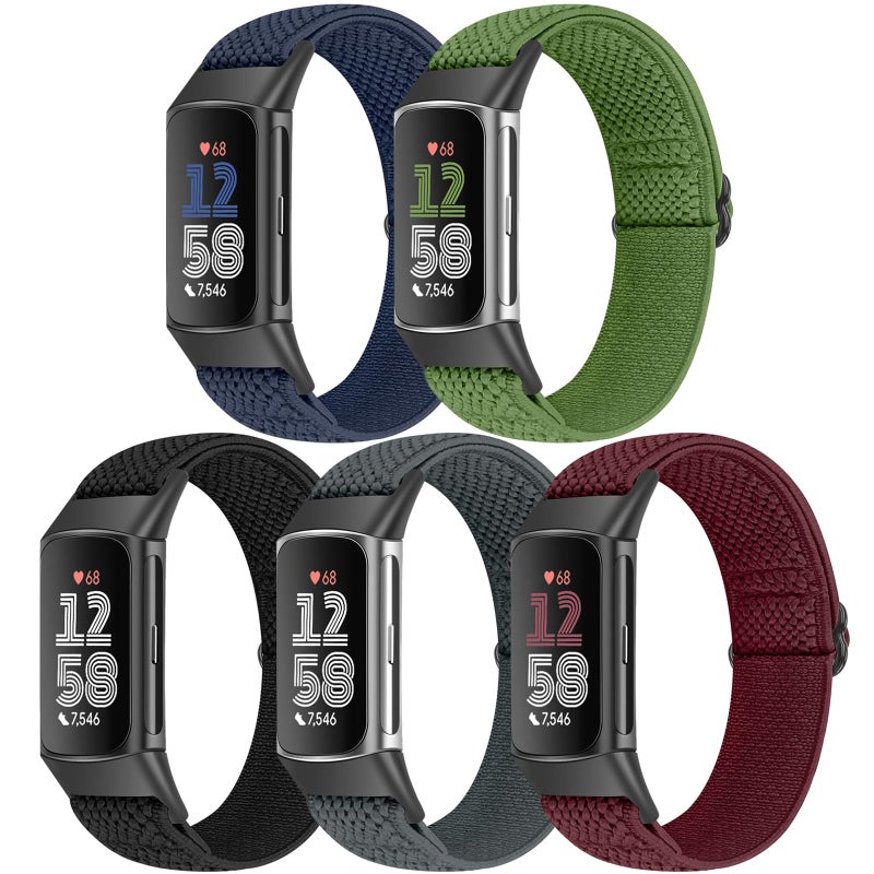 Bcuckood 5 Pack Elastic Nylon Watch Bands Compatible for Fitbit Charge 6/Fitbit Charge 5, Adjustable Breathable Replacement Stretchy Nylon Loop Wristband Sport Strap for Women Men - Image 1