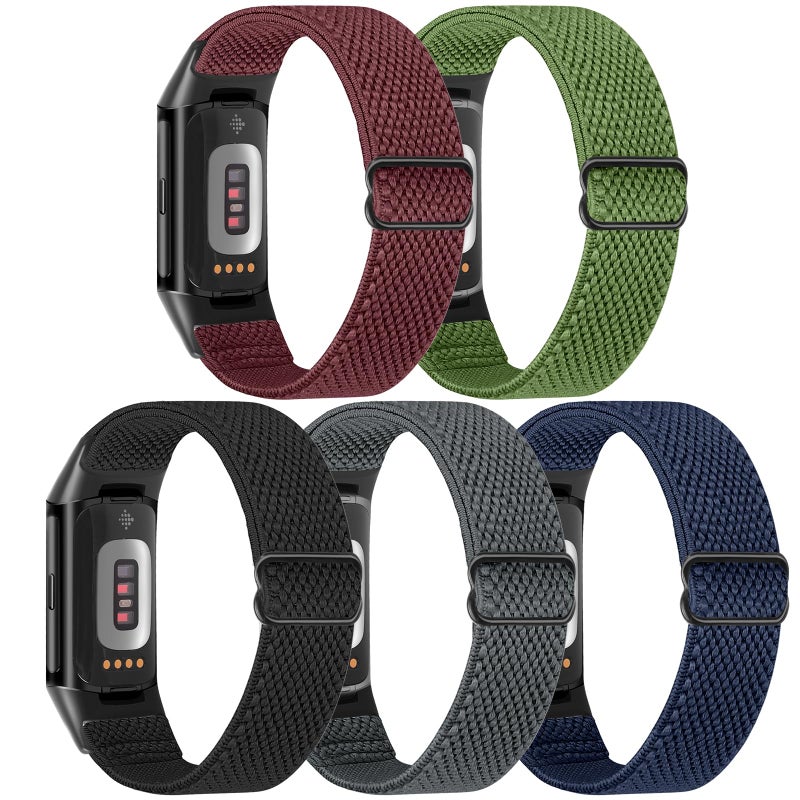 Bcuckood 5 Pack Elastic Nylon Watch Bands Compatible for Fitbit Charge 6/Fitbit Charge 5, Adjustable Breathable Replacement Stretchy Nylon Loop Wristband Sport Strap for Women Men - Image 2