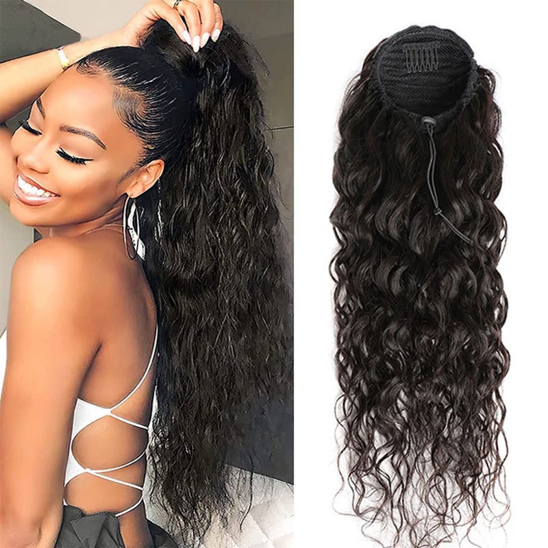 Water Wave Ponytail Human Hair Drawstring Ponytail Extension Clip in Hair curly Straight Natural Black onytails for Women Clip in on Ponytail Hair Extensions 22 Inches130g