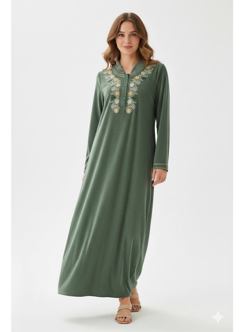 zecotex  Olive Green Velour Winter Galabeya 🌿 with Gold Embroidery - Classic Warmth and Elegance - Image 1