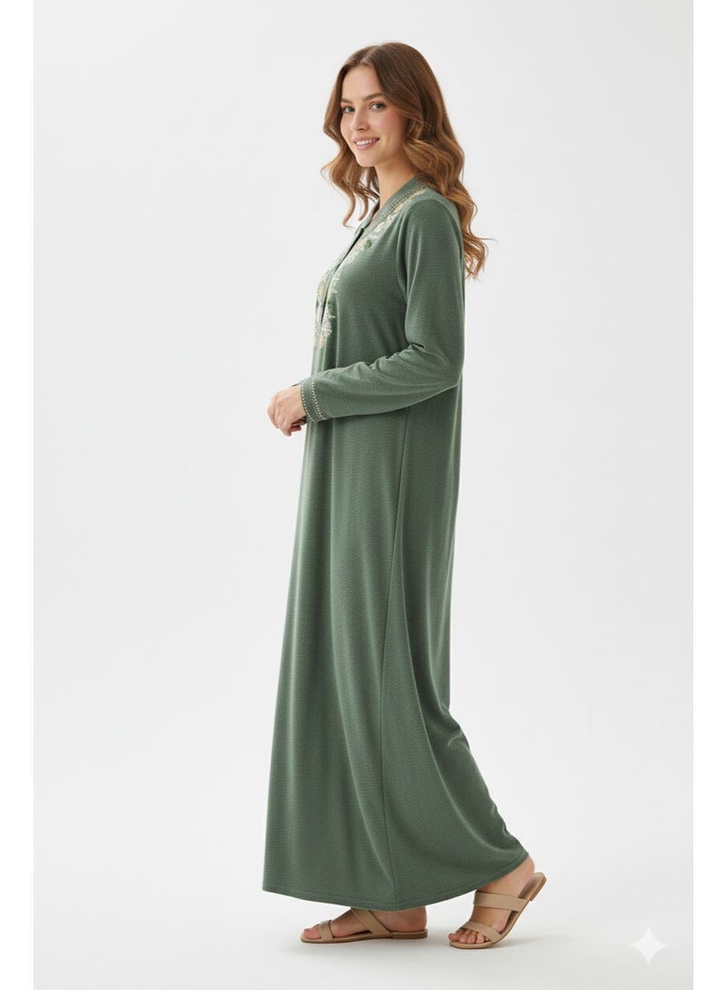 zecotex  Olive Green Velour Winter Galabeya 🌿 with Gold Embroidery - Classic Warmth and Elegance - Image 3