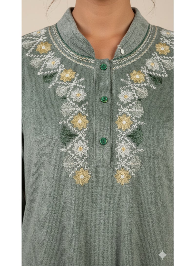 zecotex  Olive Green Velour Winter Galabeya 🌿 with Gold Embroidery - Classic Warmth and Elegance - Image 2