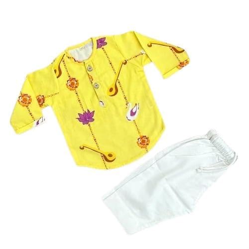 BHAAKUR Organic Cotton Unisex Veena and Lotus Kurta Set| for Toddlers and Infants| Soft and Breathable| Full Sleeves| Double Layered | Yellow | 12-18 Month - Image 1