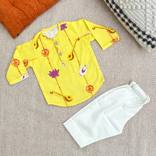 BHAAKUR Organic Cotton Unisex Veena and Lotus Kurta Set| for Toddlers and Infants| Soft and Breathable| Full Sleeves| Double Layered | Yellow | 12-18 Month - Image 3